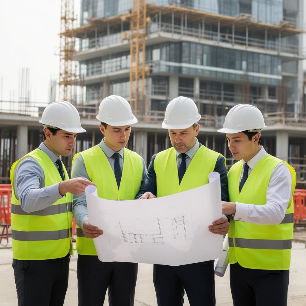 Equipe de engenheiros da Domo Construtora analisando projetos em obra